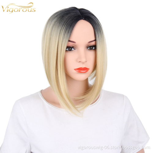 Ombre blonde short straight wavy hair vendor high quality premium wholesale synthetic heat resistant wig lace front black women